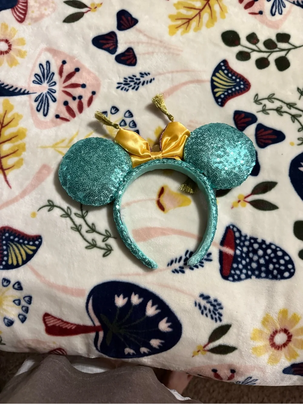 Disney Teal Sequin Minnie Ear Headband with Multicolor Patterned Bow